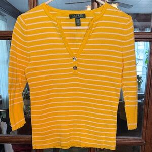 Lauren Ralph Lauren Petite Yellow White Striped Ribbed Cotton Sweater PM